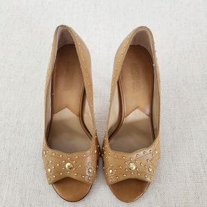 Michael Kors Tan Brown Leather Studded Stiletto Heels Size 6 Open Toe